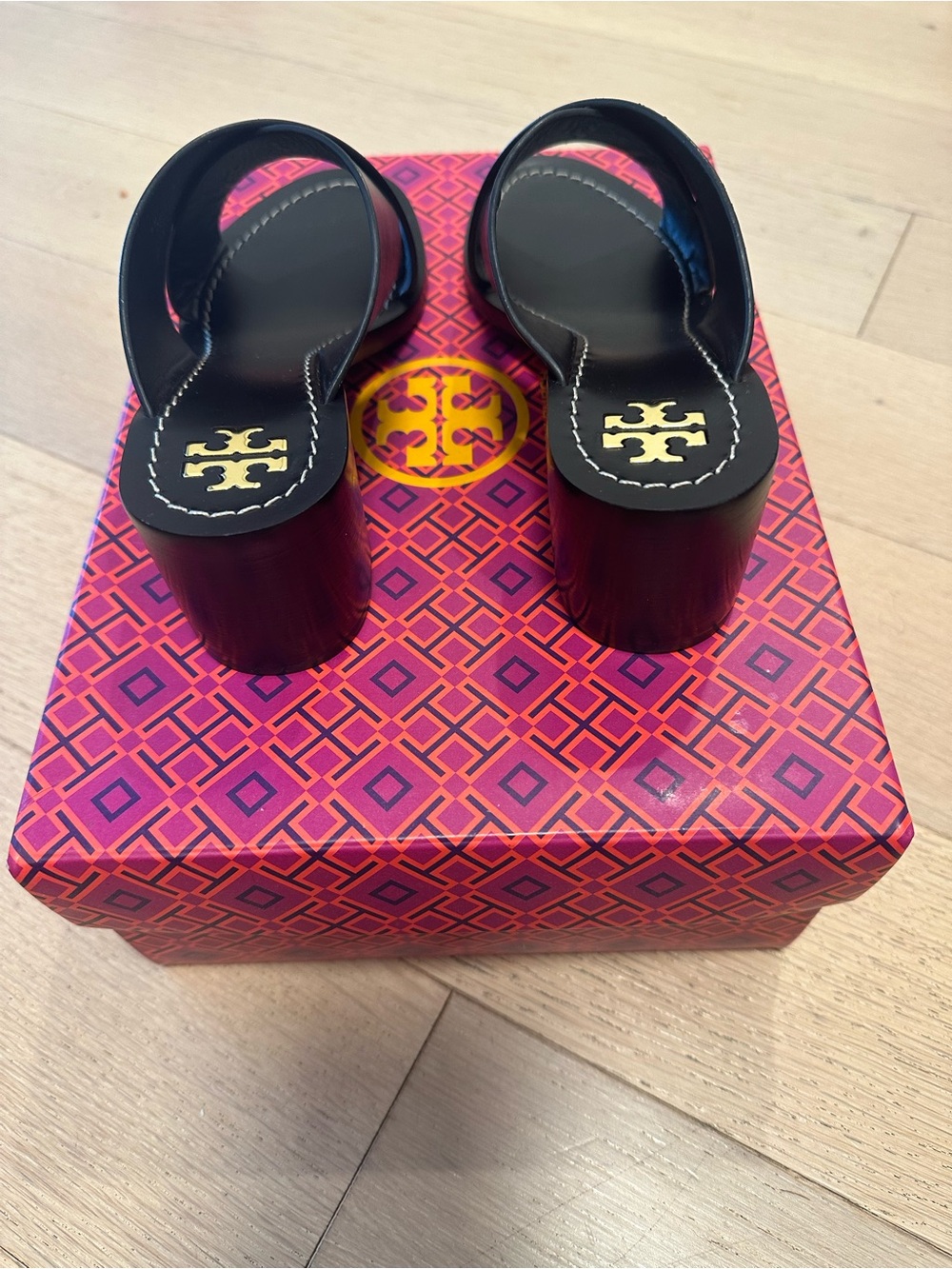 Tory Burch Black Leather Crisscross Slide Mules with Gold Logo - Picture 2 of 4